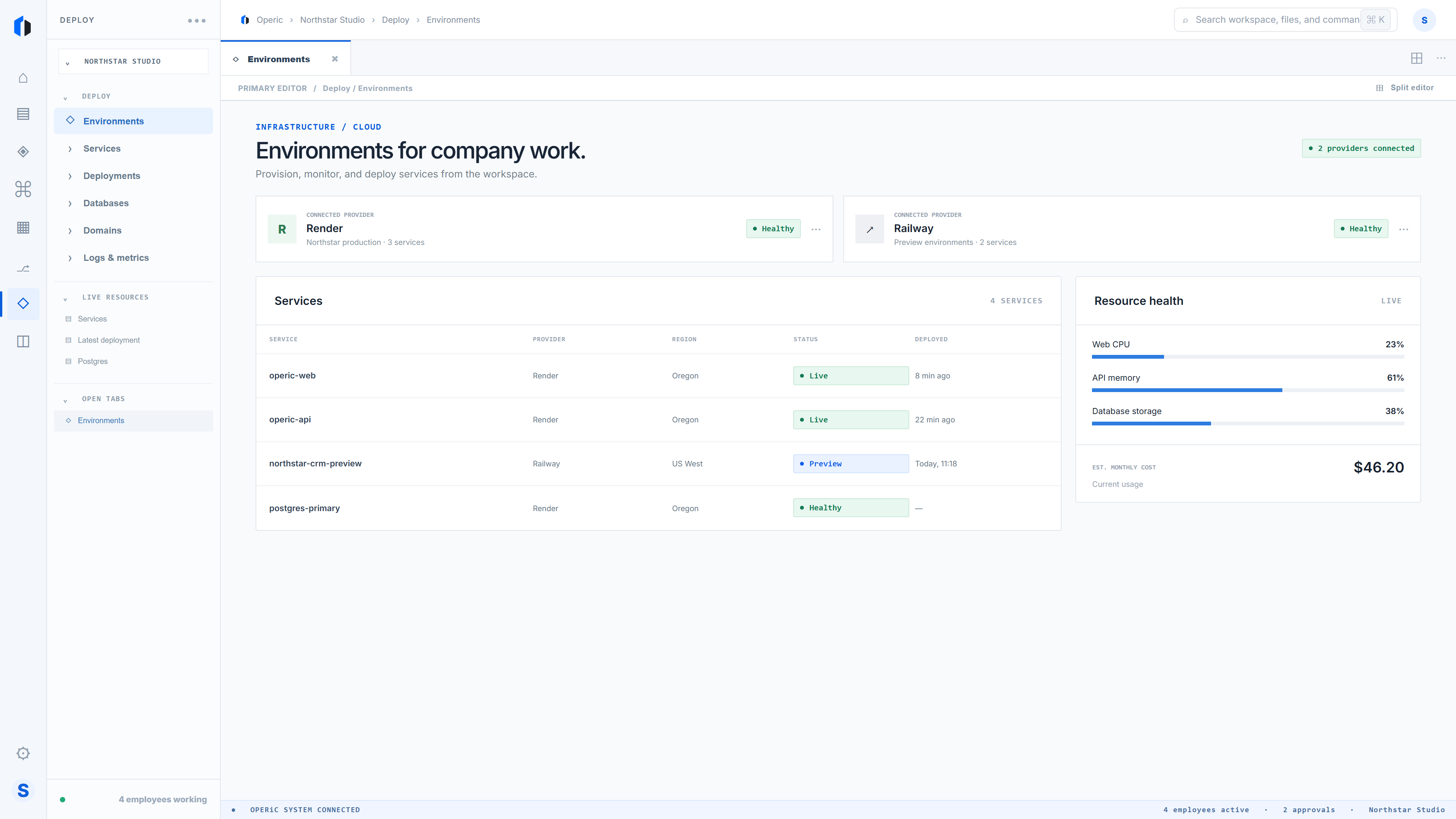 Operic cloud environments screen showing services and health