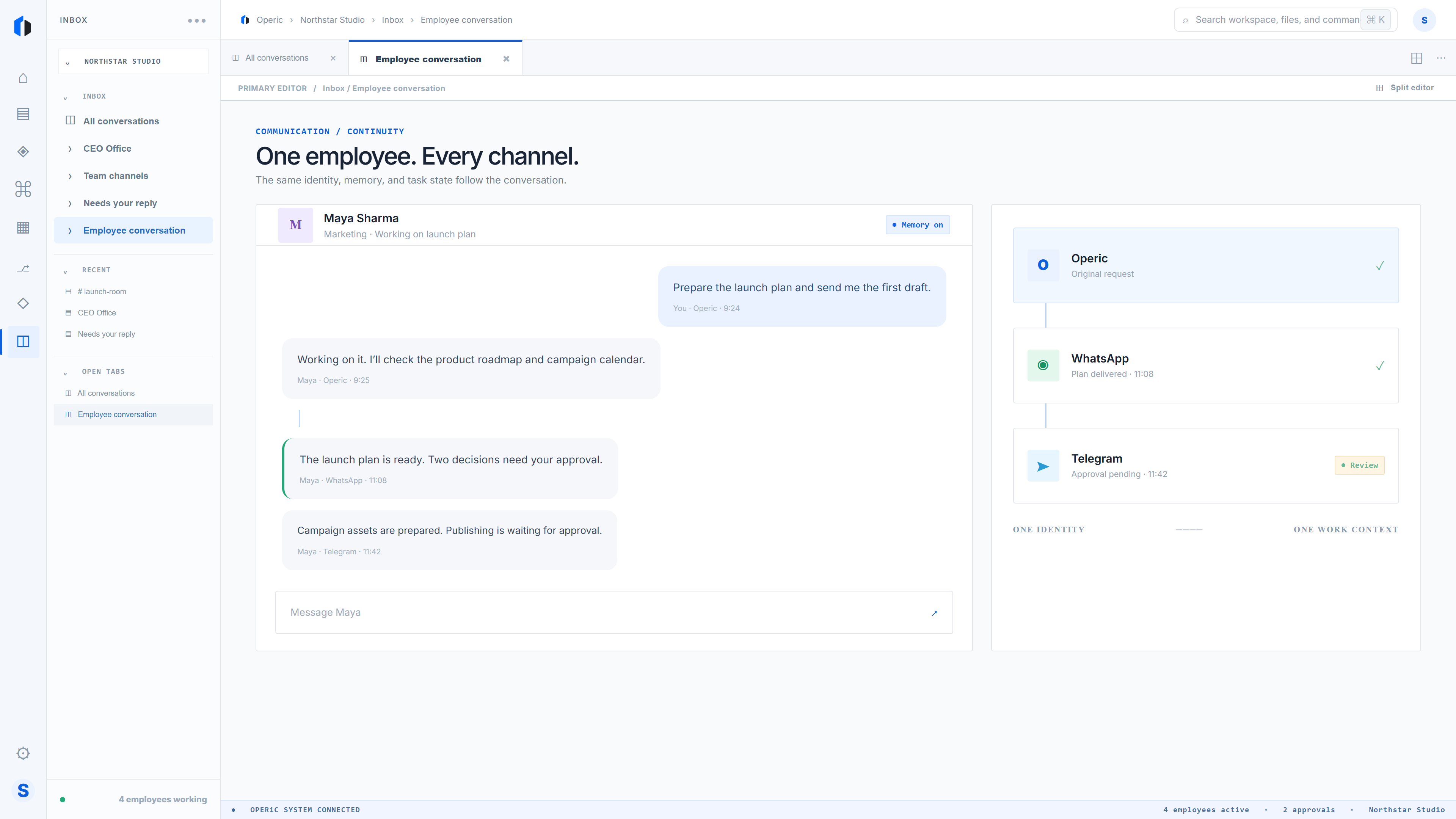 Operic inbox conversation with an AI employee and connected communication channels