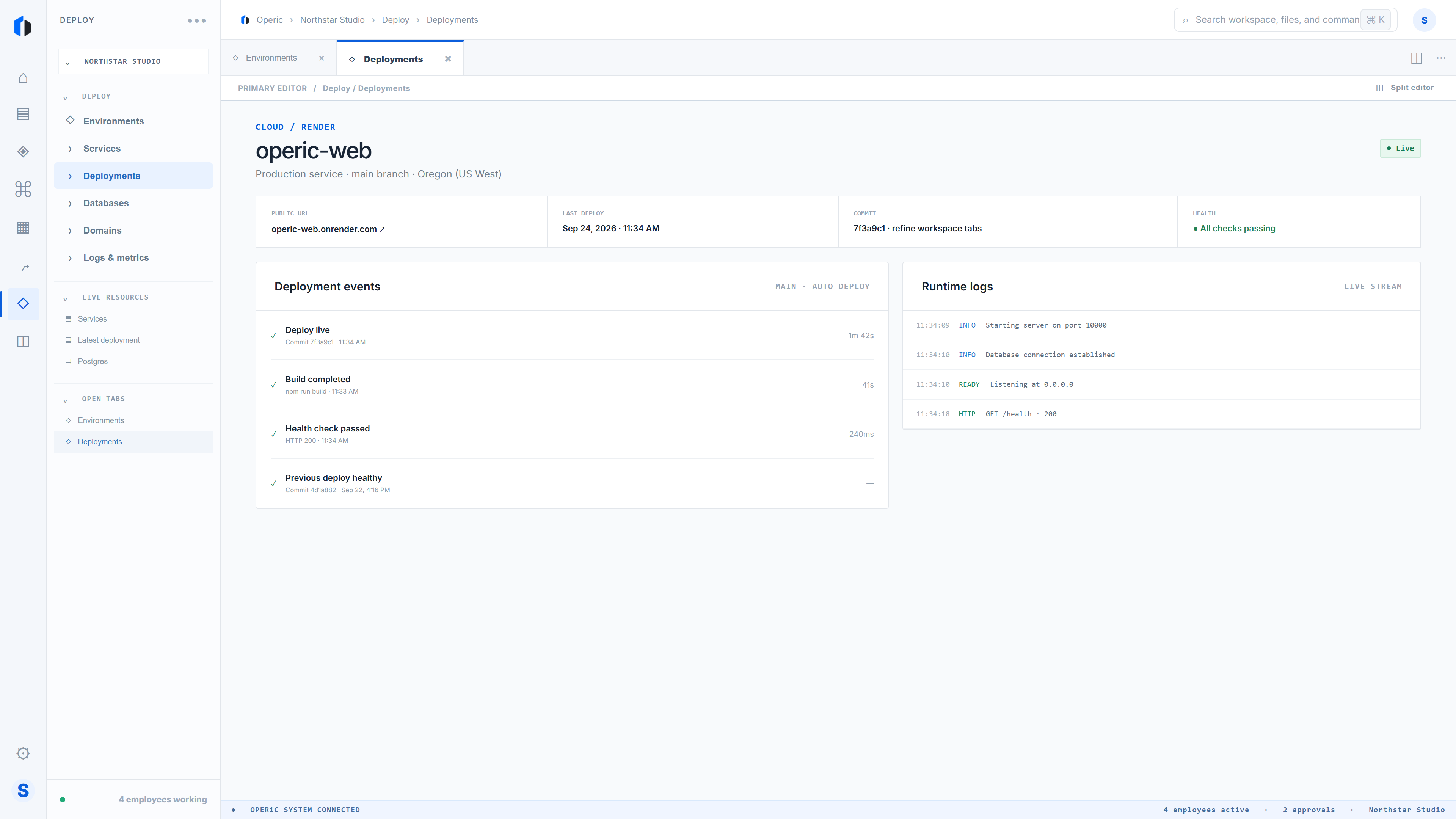 Operic deployment details screen