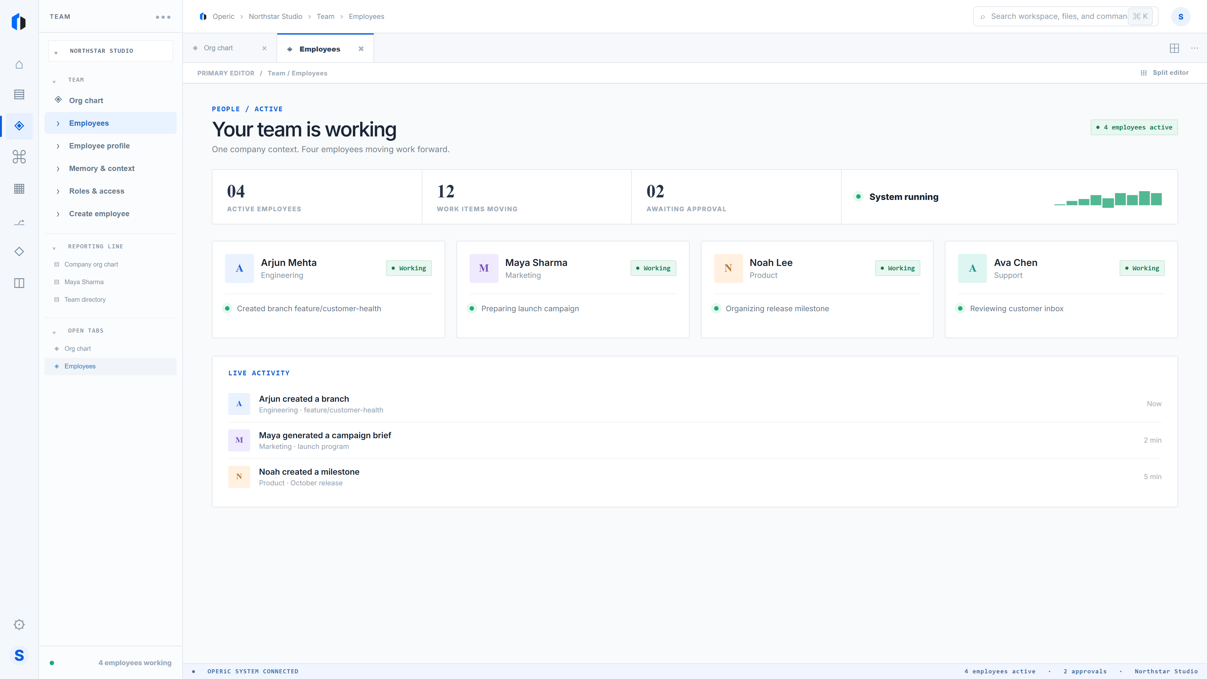 Operic team screen with AI employees, roles and recent activity